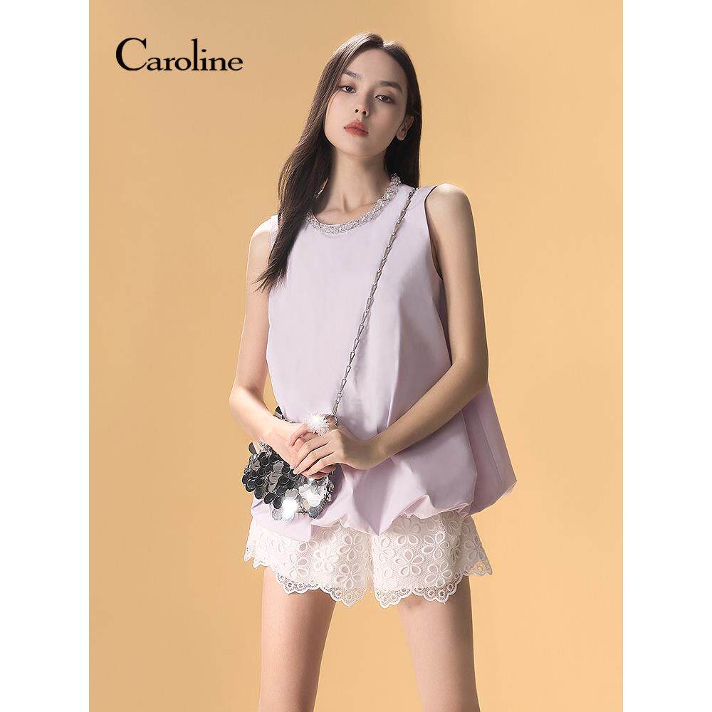 Caroline 商场同款 2025夏季新款镶钻领无袖花苞上衣R621901C