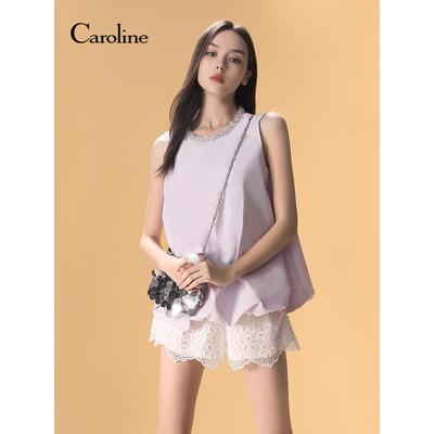 Caroline 商场同款 2025夏季新款镶钻领无袖花苞上衣R621901C