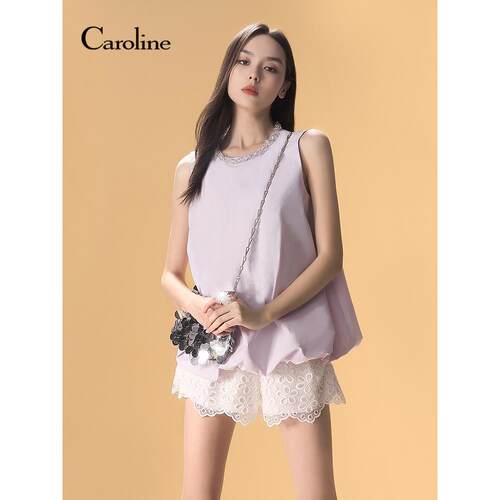 Caroline 商场同款 2025夏季新款镶钻领无袖花苞上衣R621901C