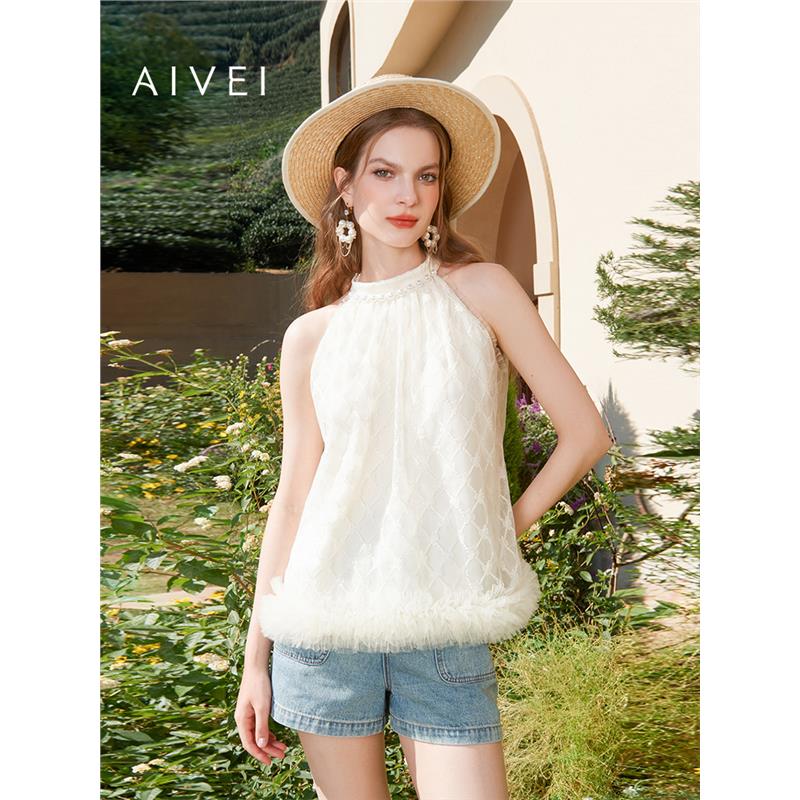 AIVEI欣贺艾薇夏季新甜美淑女气质立裁挂脖网纱刺绣上衣R0360137