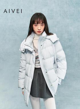 AIVEI欣贺艾薇2025冬季气质松弛感中长款连帽泡芙羽绒服XRV7G08B
