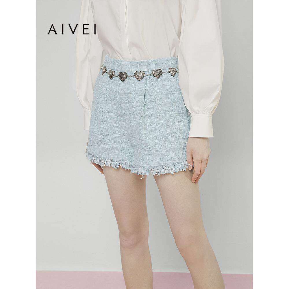AIVEI欣贺艾薇2025春季名媛小香风chic粗花呢流苏短裤S713103B