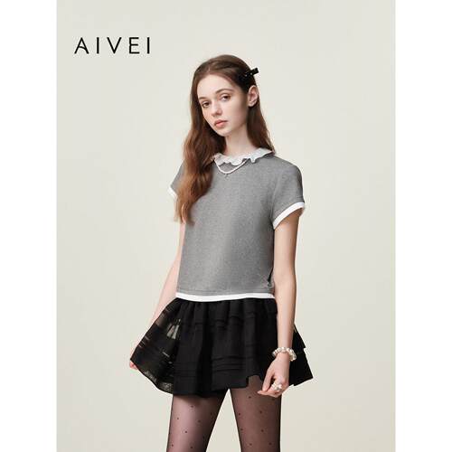 AIVEI欣贺艾薇2026夏季新甜美风荷叶领假两件正肩短袖T恤XSV3T01B