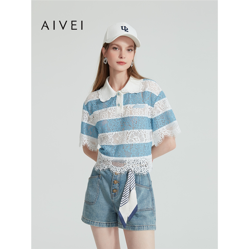 AIVEI欣贺艾薇夏季新小清新减龄航海系条纹镂空蕾丝上衣R0360011
