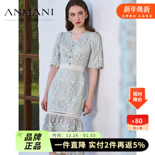 高腰连衣裙EANEBH48 重工镂空股线蕾丝修身 ANMANI恩曼琳24夏季 新款