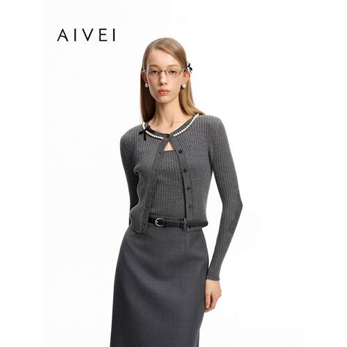 AIVEI欣贺艾薇2026早秋新千金风钉珠针织开衫吊带两件套XSV5M05C
