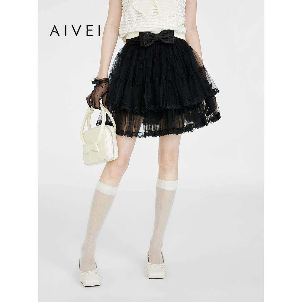 AIVEI欣贺艾薇2025夏季新公主甜美风蝴蝶结网纱蓬蓬短裙S726901A