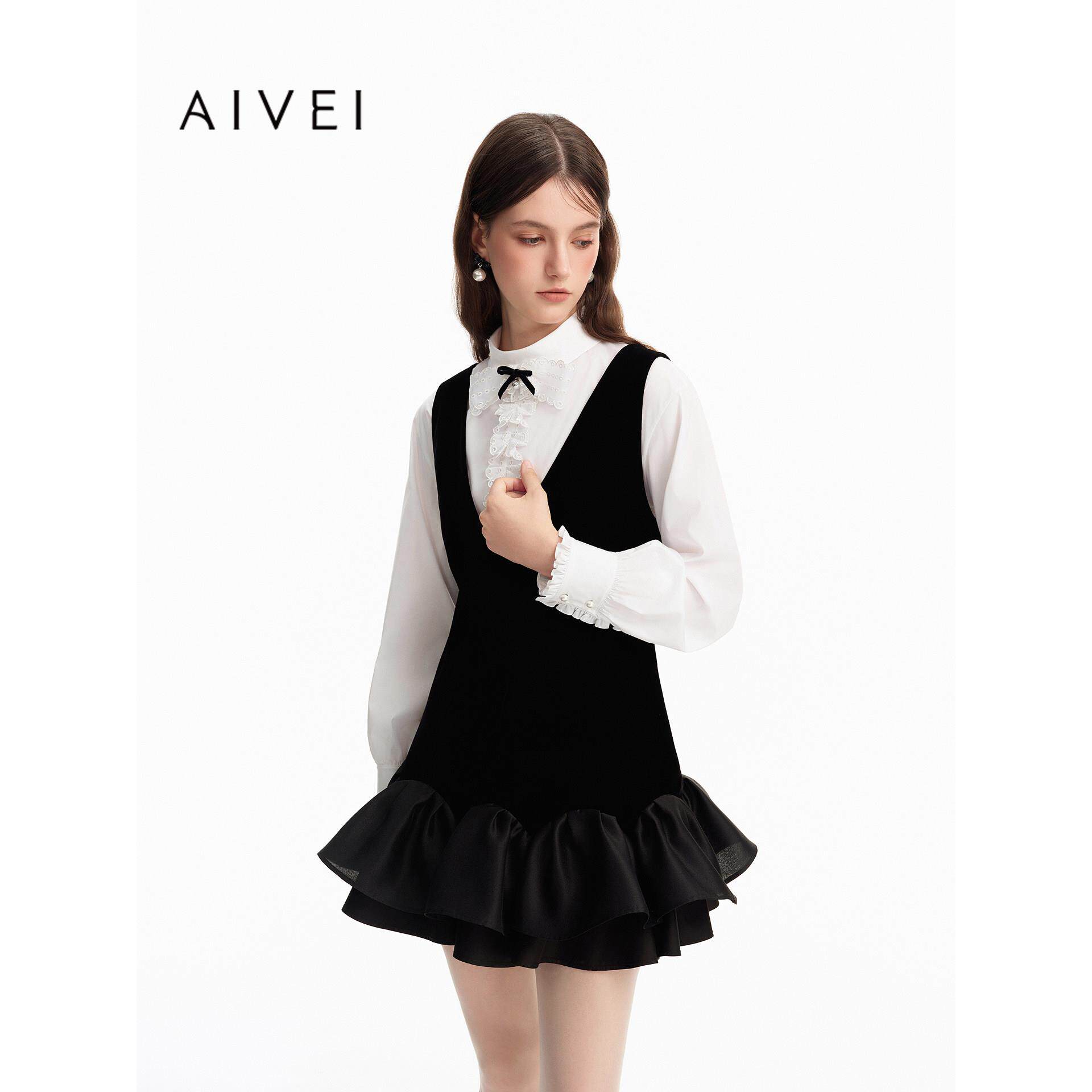 AIVEI欣贺艾薇2026冬季新少女V领花苞蓬蓬裙丝绒背心裙XSV7L05B