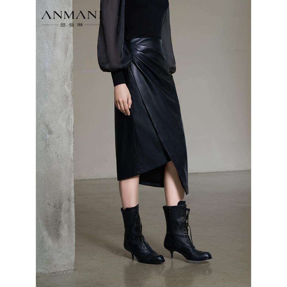 ANNMEL恩曼琳25秋季新款不对称设计哑光黑皮包臀半身裙ERA4Q08B