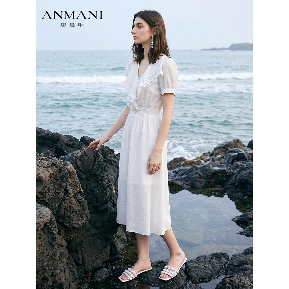 醋纤ANNMEL恩曼琳26夏季新款法式白色荷叶边蕾丝拼接泡泡袖连衣裙