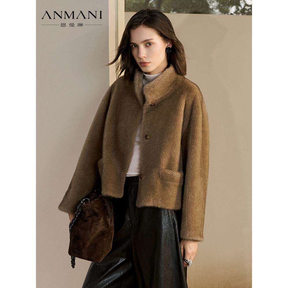 ANNMEL恩曼琳25秋冬新款简约精致老钱风立领貂绒环保皮草外套女