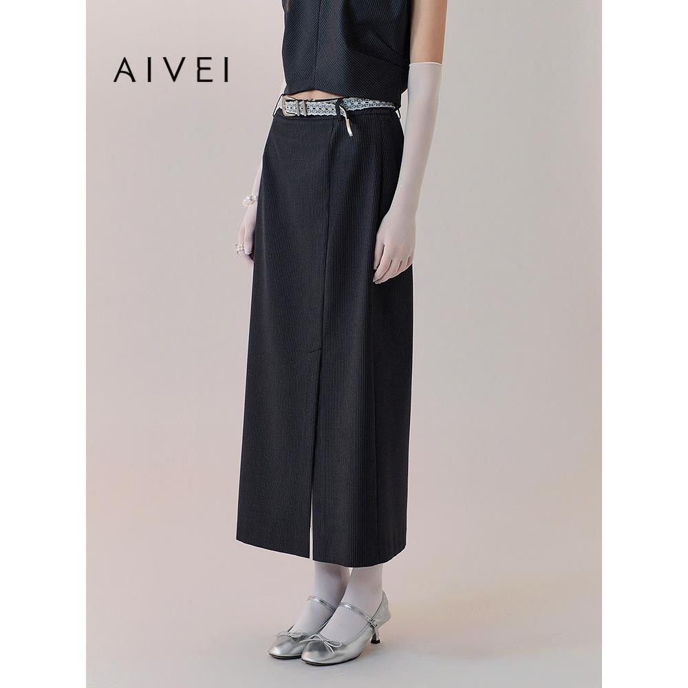 AIVEI欣贺艾薇2026春季新开叉直筒裙气质感通勤条纹长裙XSV1Q14B