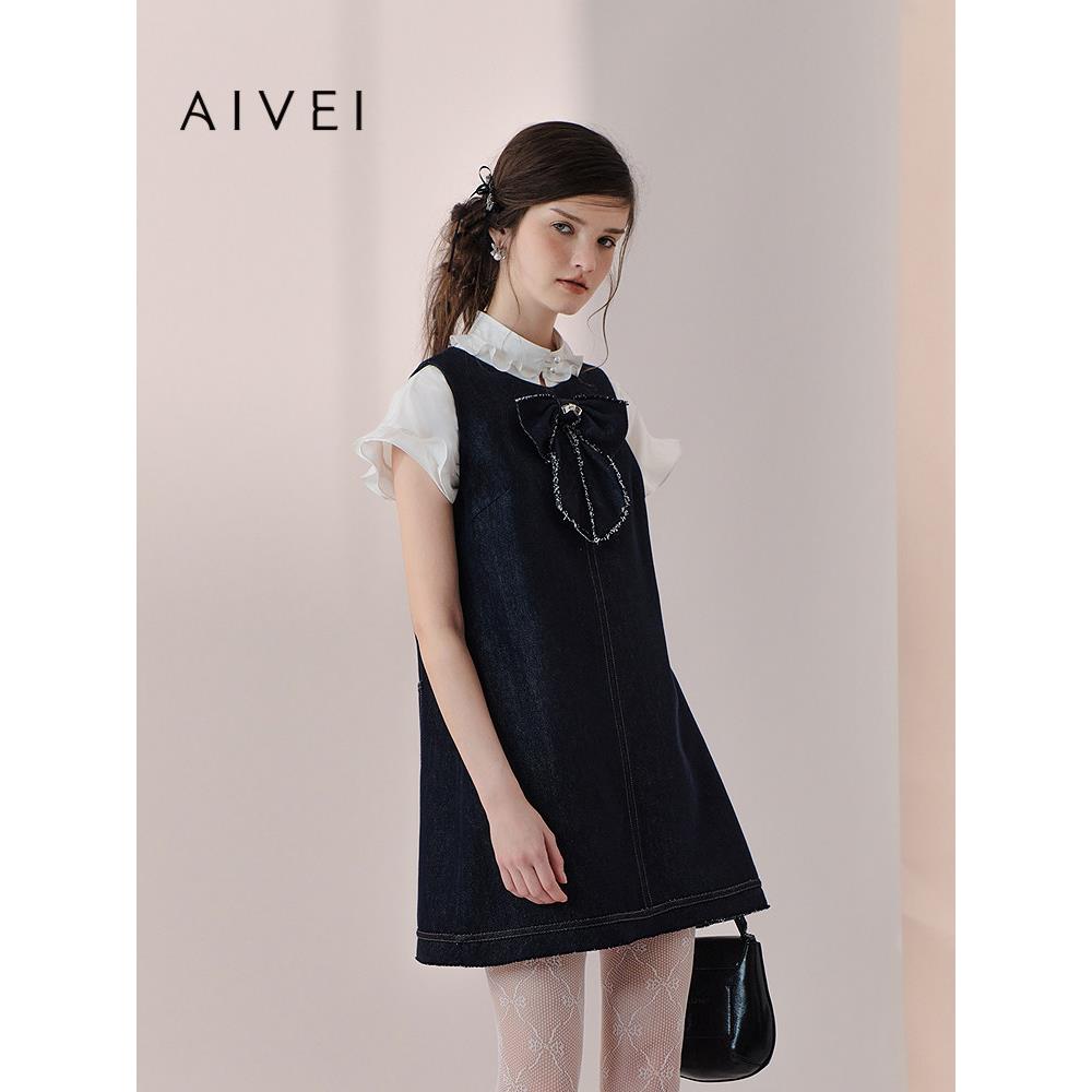 AIVEI欣贺艾薇2026春夏小清新少女蝴蝶结无袖牛仔连衣裙XSV1L02C