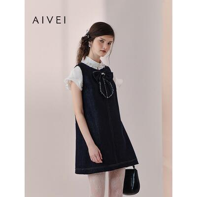 AIVEI欣贺艾薇2026春夏小清新少女蝴蝶结无袖牛仔连衣裙XSV1L02C