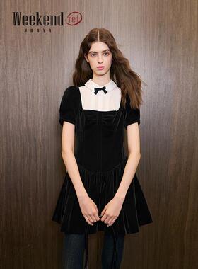 卓雅周末26春季新款法式撞色蝴蝶结泡泡袖丝绒收腰连衣裙ESW0L11A