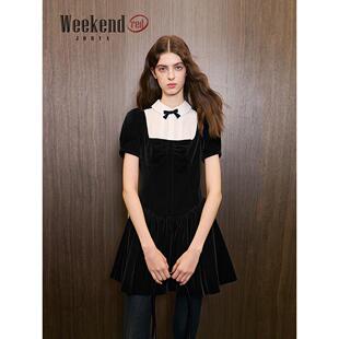 卓雅周末26春季 法式 撞色蝴蝶结泡泡袖 丝绒收腰连衣裙ESW0L11A 新款