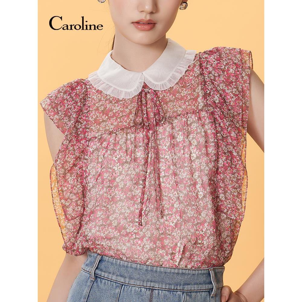 Caroline卡洛琳25夏新款田园粉色碎花系带飞袖雪纺衫ECRFBD01