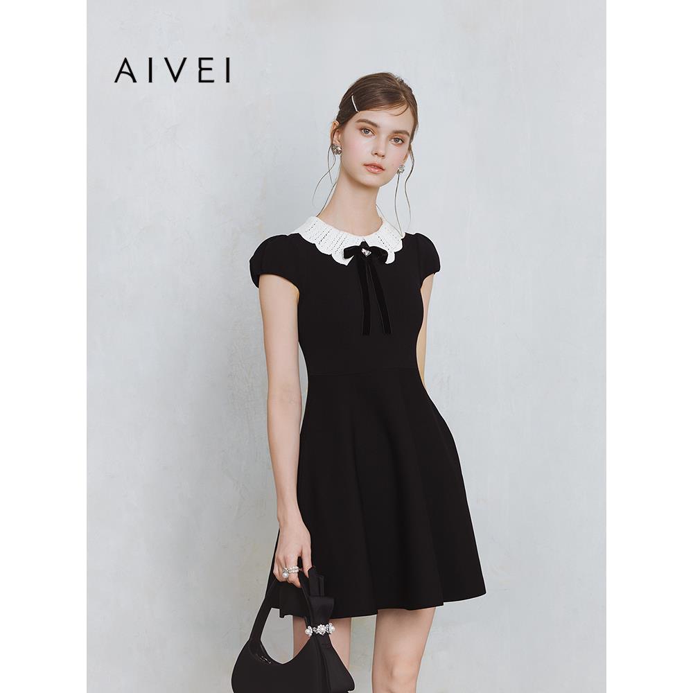 AIVEI欣贺艾薇2025夏季新名媛千金包肩袖黑色针织连衣裙S725401A