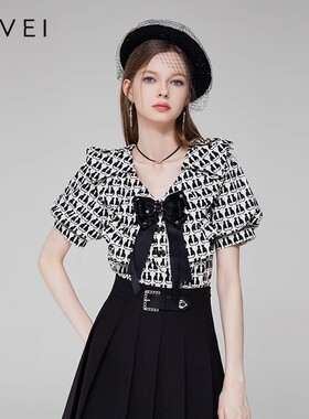 AIVEI欣贺艾薇夏新法式浪漫印花荷叶领短袖衬衫女Q0360135