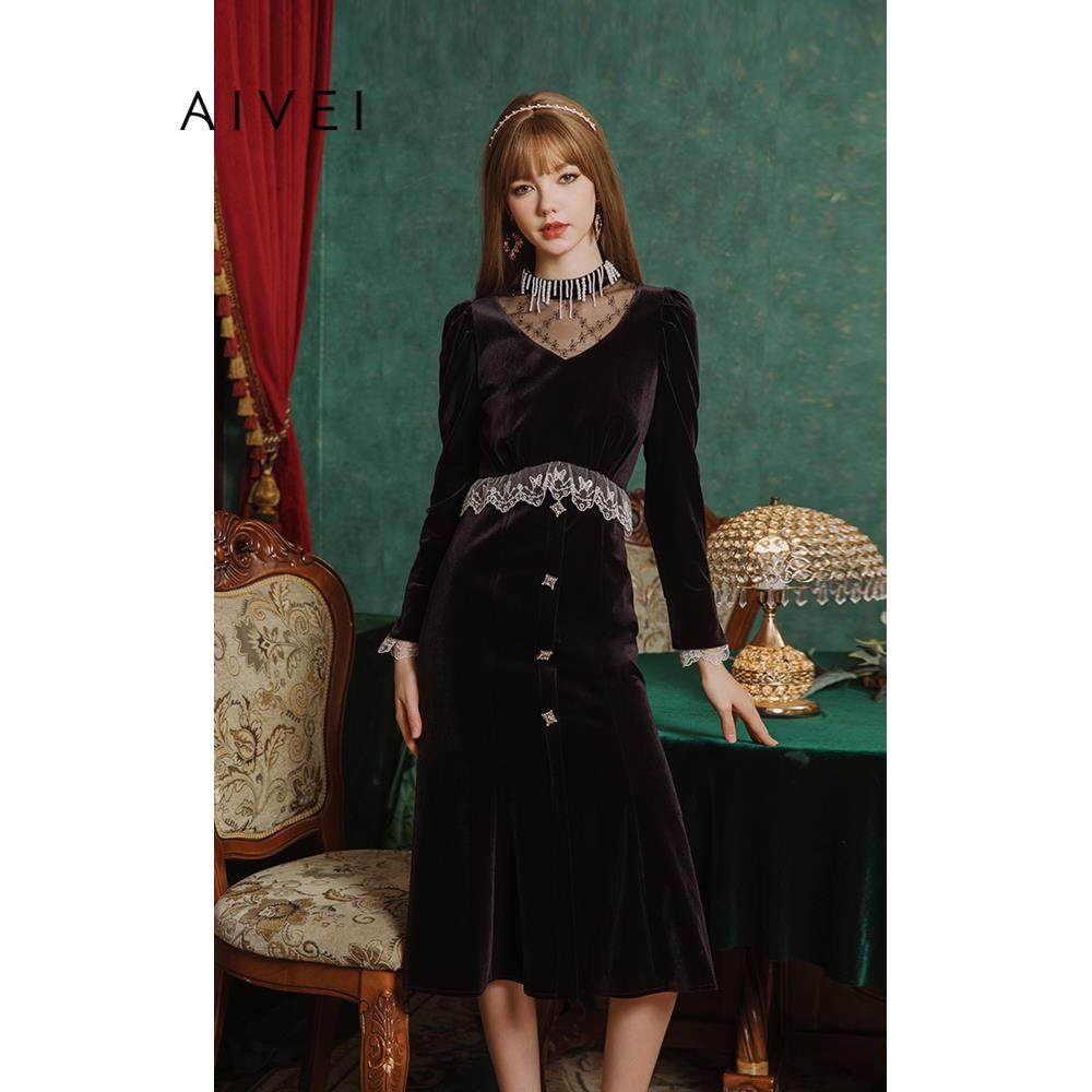 AIVEI欣贺艾薇秋季新宴会聚餐优雅礼服丝绒连衣裙Q0560265