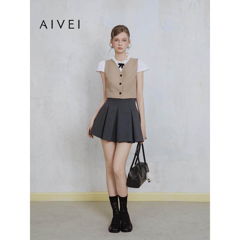 AIVEI欣贺艾薇2025夏季格雷减龄甜美百搭高腰A版百褶短裙C723404A
