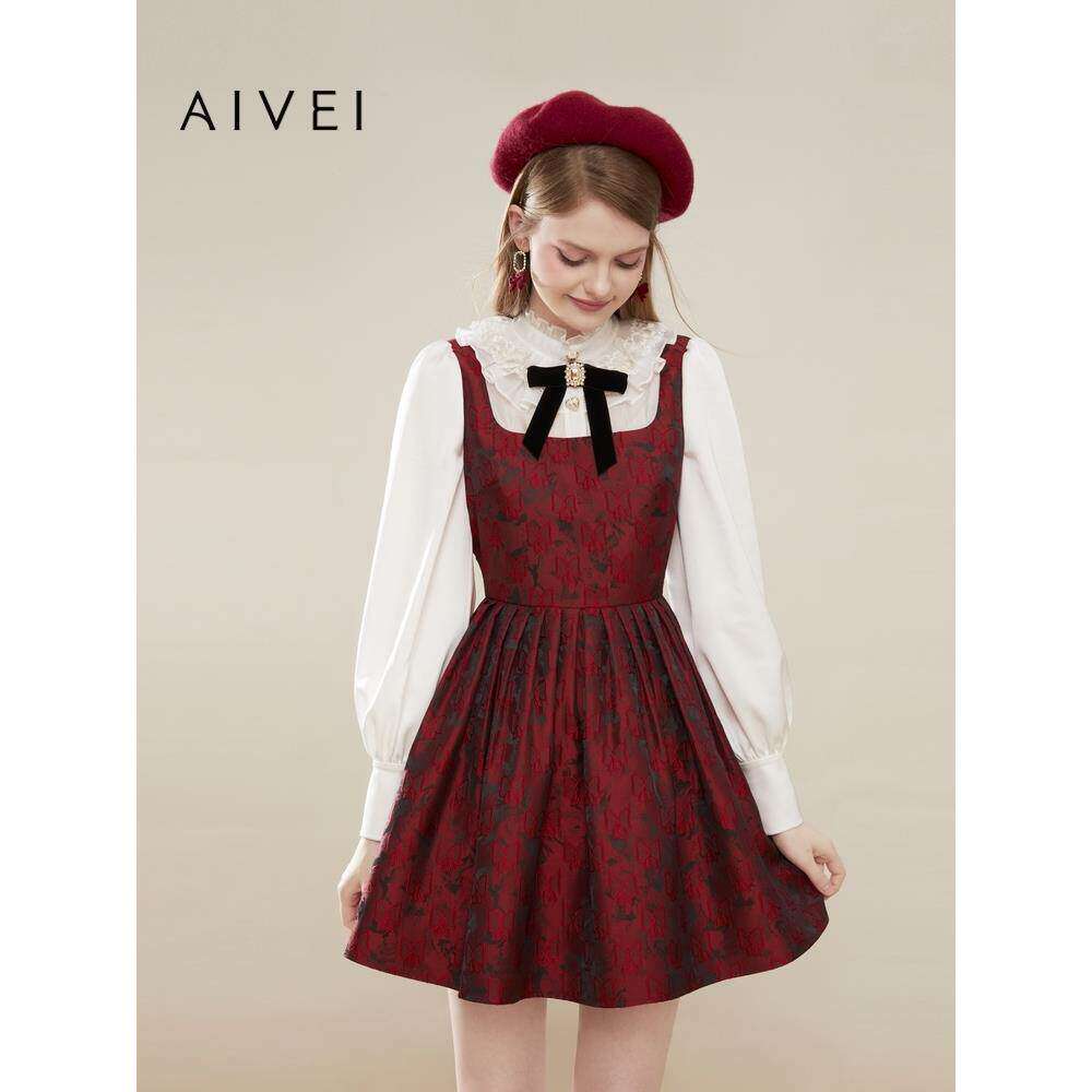 AIVEI欣贺艾薇秋冬新甜妹千金提花红色假两件连衣裙Q0660174