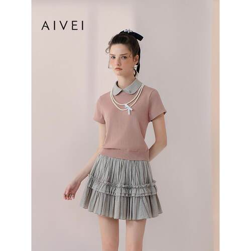 AIVEI欣贺艾薇2026春夏少女感学院撞色娃娃领短袖针织衫XSV1M17B