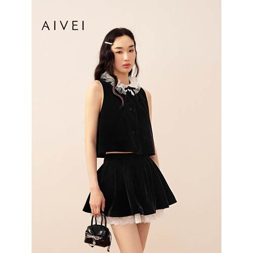 AIVEI欣贺艾薇2026秋季浪漫花边领减龄丝绒马夹背心外套XSV5S21B