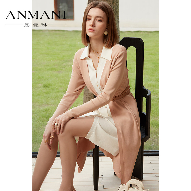 ANNMEL恩曼琳春季新款通勤撞色假两件衬衫式针织连衣裙EANEAA76