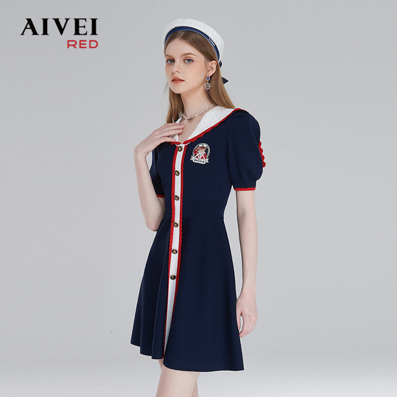 aivei学院风撞色显瘦针织连衣裙