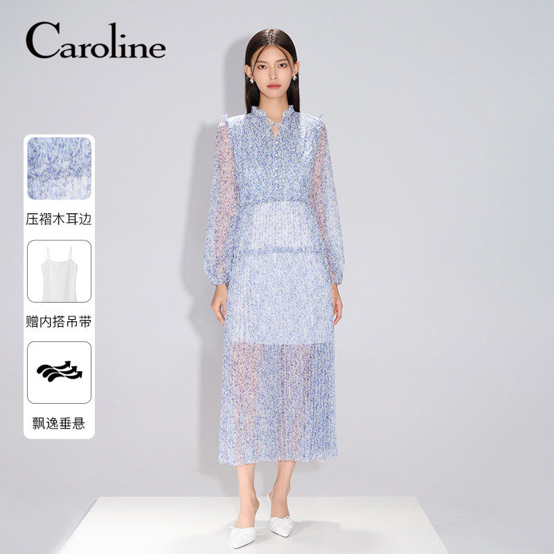 Caroline卡洛琳25春季新款碎花压褶系带领长款连衣裙ECRFAQ02