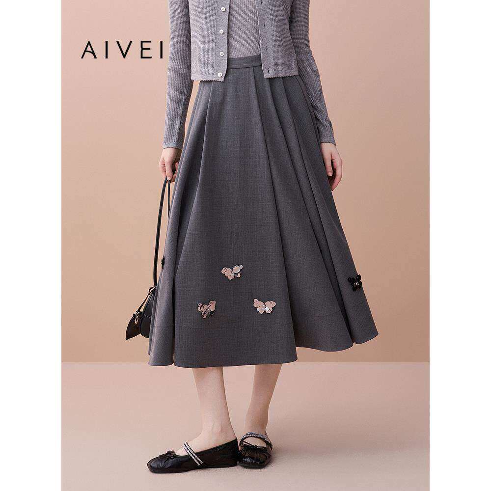 AIVEI欣贺艾薇2025早秋法式优雅高腰大摆量长款半身裙XRV5Q32A