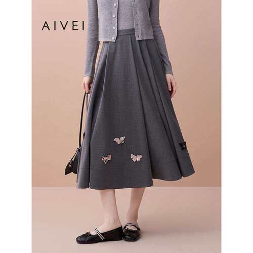 AIVEI欣贺艾薇2025早秋法式优雅高腰大摆量长款半身裙XRV5Q32A
