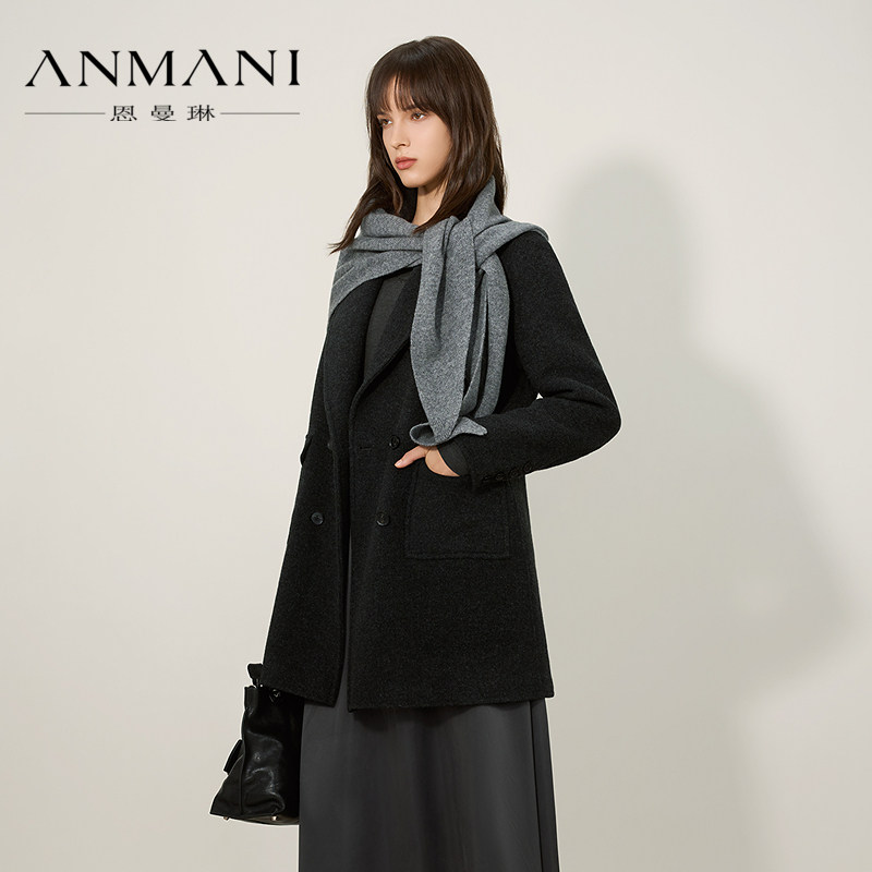 ANNMEL恩曼琳25冬季新款简约绵羊毛平驳领双排扣毛呢外套西装大衣