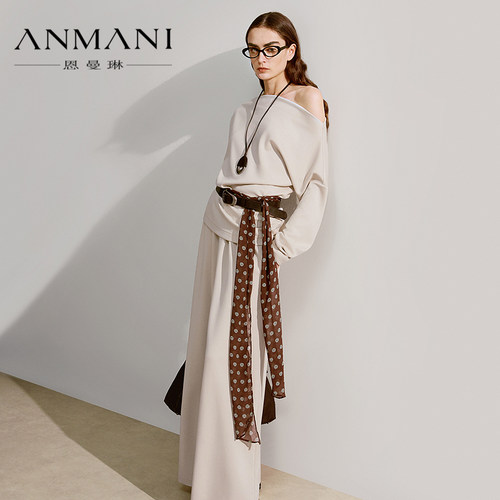 ANNMEL恩曼琳26春季新款简约高腰松紧白色阔腿休闲裤子女ESA1K02B