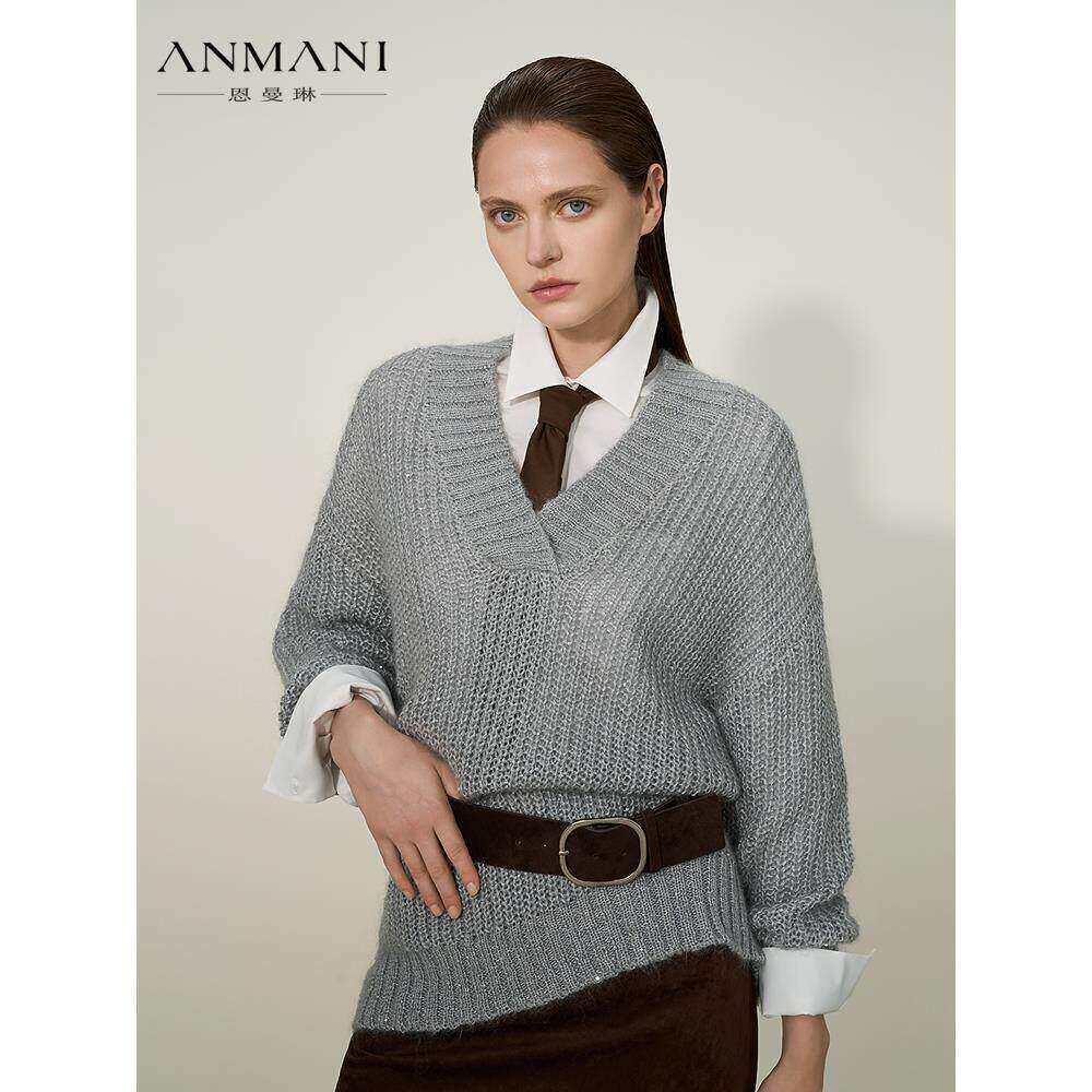 ANNMEL恩曼琳25冬季新款精致松弛V领马海毛套头针织衫ERA7M09B