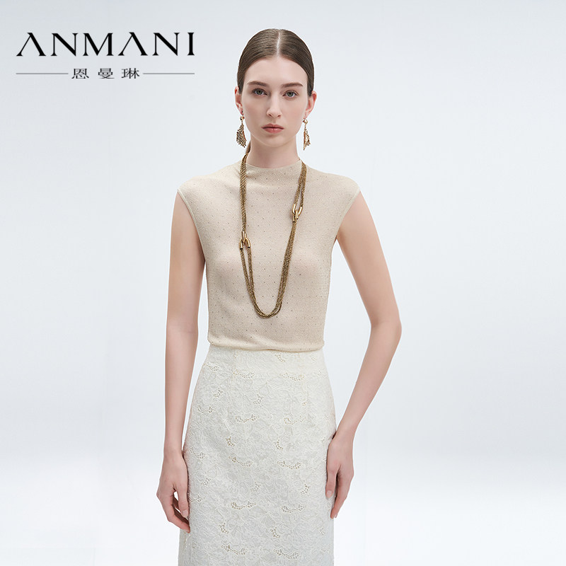 ANNMEL恩曼琳25春季新款复古烫钻包袖半高领修身针织衫EANFAA19