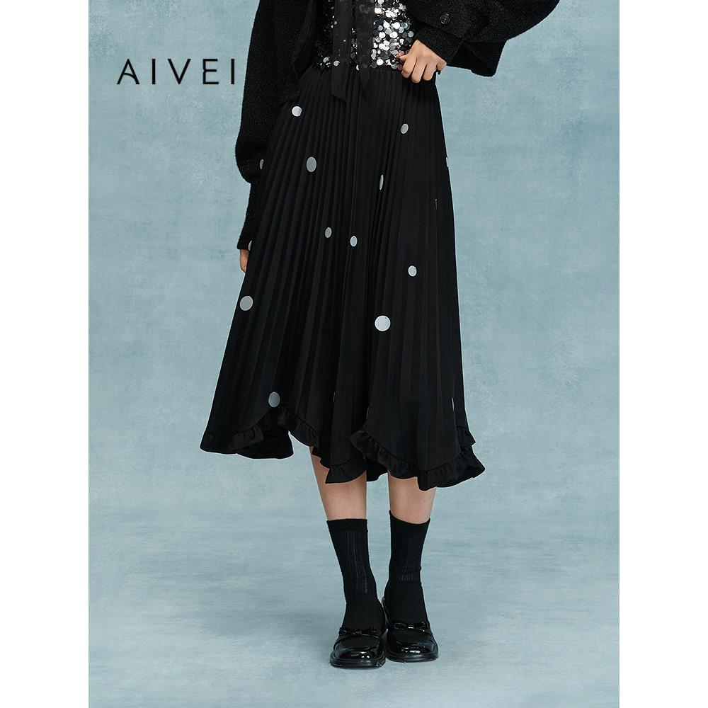 AIVEI欣贺艾薇2025冬季新复古垂感手缝圆片中长百褶裙XRV7Q23A
