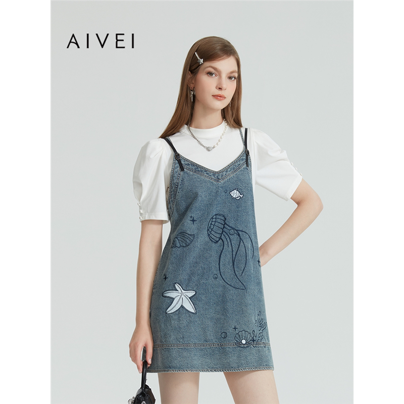 AIVEI欣贺艾薇夏季新学院风甜美A字T恤牛仔吊带裙两件套R0360056