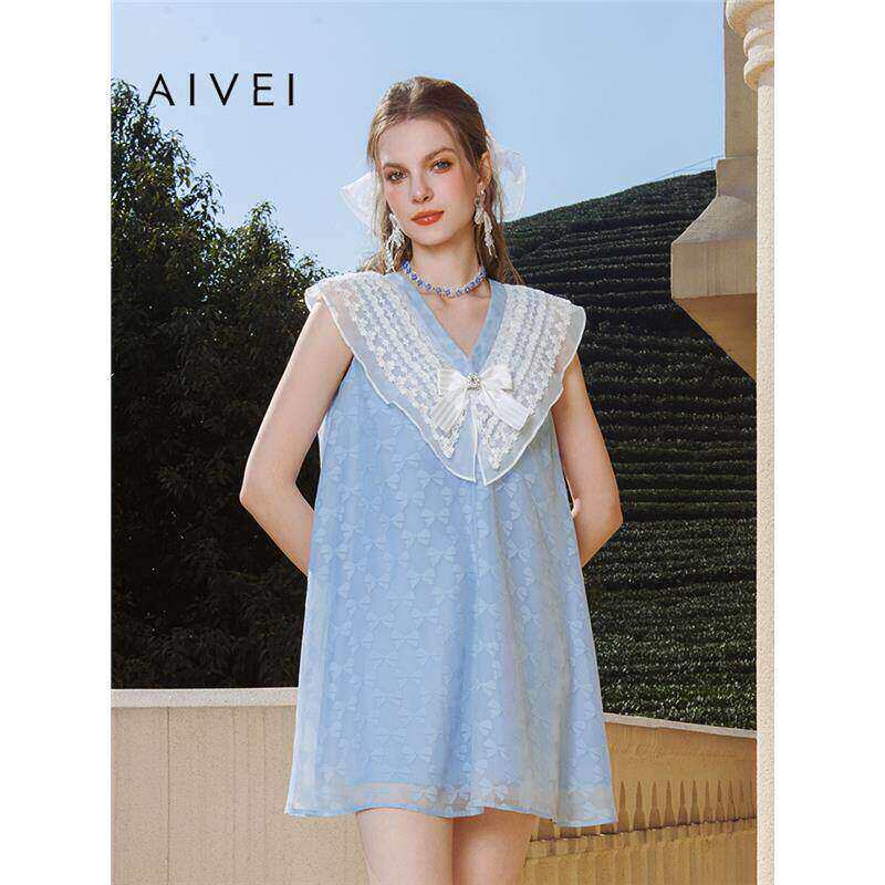 AIVEI欣贺艾薇 南法夏梦 夏季新仙女披肩领无袖A字连衣裙R0360114
