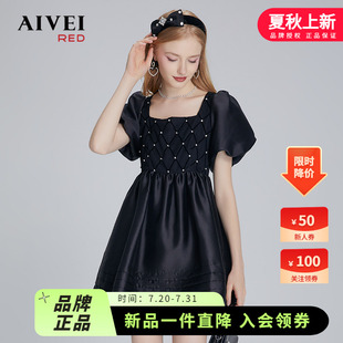 AIVEI欣賀艾薇2022夏新法式 方領高腰水鉆娃娃黑色連衣裙P0360155