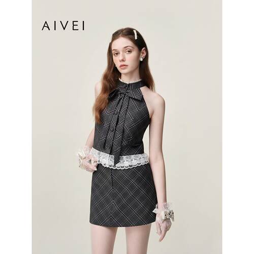 AIVEI欣贺艾薇2026夏季新千金小香纯欲格纹挂脖背心上衣XSV3S42B