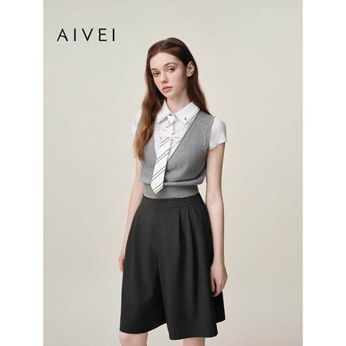 AIVEI欣贺艾薇2026夏季新日韩学院高智假两件短袖针织衫XSV3M08A