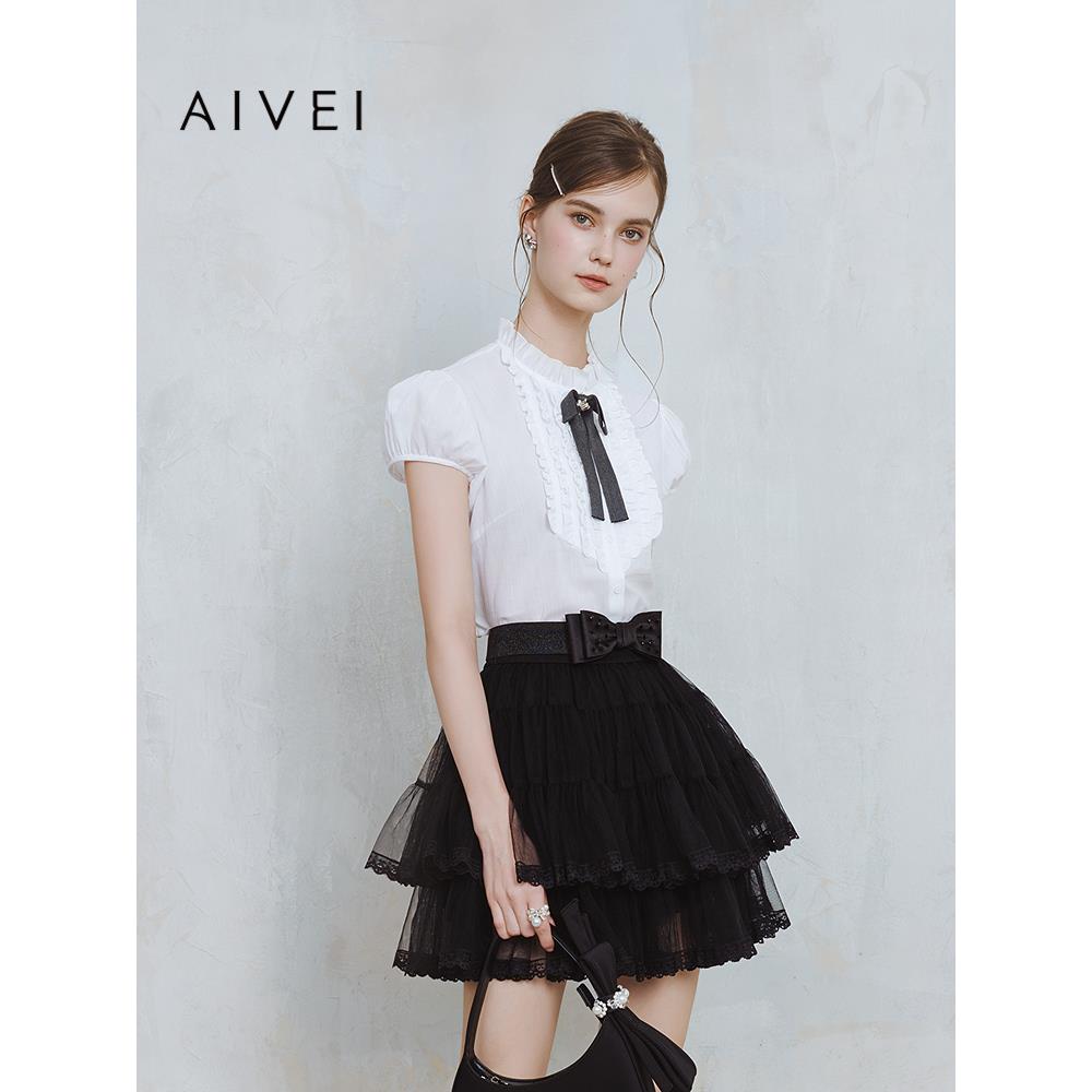 AIVEI欣贺艾薇2025夏季清新甜美公主风木耳短袖雪纺衬衫S723402A