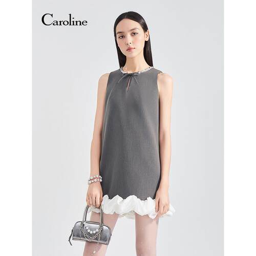 Caroline卡洛琳2026夏季新款钻饰圆领拼接无袖连衣裙ESC2L06A