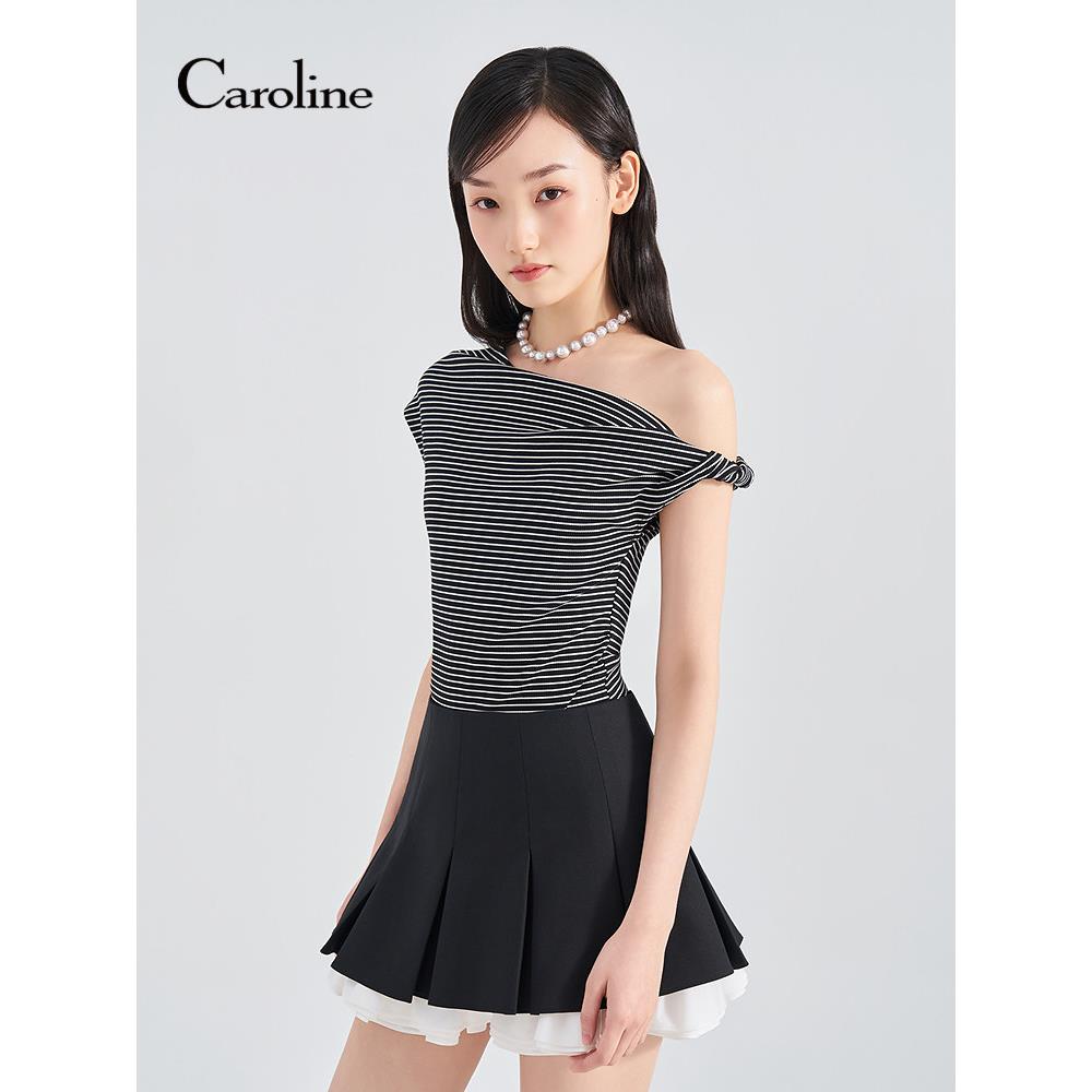 Caroline卡洛琳2026夏季新款条纹不对称斜肩修身针织T恤ESC3T01C