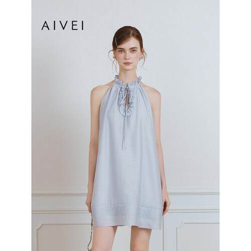 AIVEI欣贺艾薇2025夏季新气质感度假风挂脖雪纺连衣裙S723302A