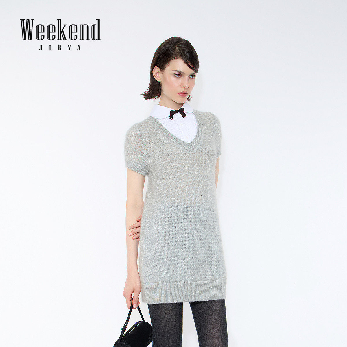 卓雅周末26春季新款蝴蝶结衬衫领拼接镂空针织亮片连衣裙XSW0Z05A,女装/女士精品,连衣裙,淘宝优惠券,粉丝福利购,淘宝优惠卷