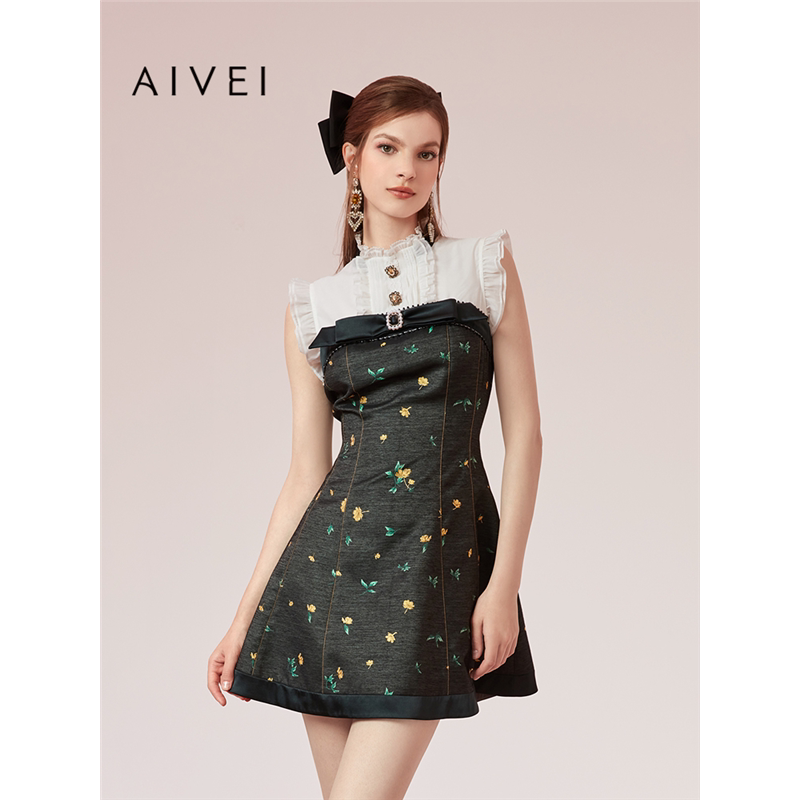 AIVEI欣贺艾薇夏季新宫廷少女木耳边抹胸拼接碎花连衣裙R0360038
