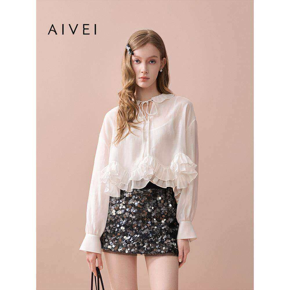 AIVEI欣贺艾薇2025早秋日系甜美少女浪漫荷叶领雪纺上衣XRV5S01A